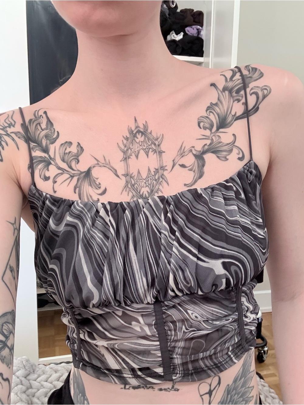 Garage Black and Gray Marble-Print Ruched Cami
